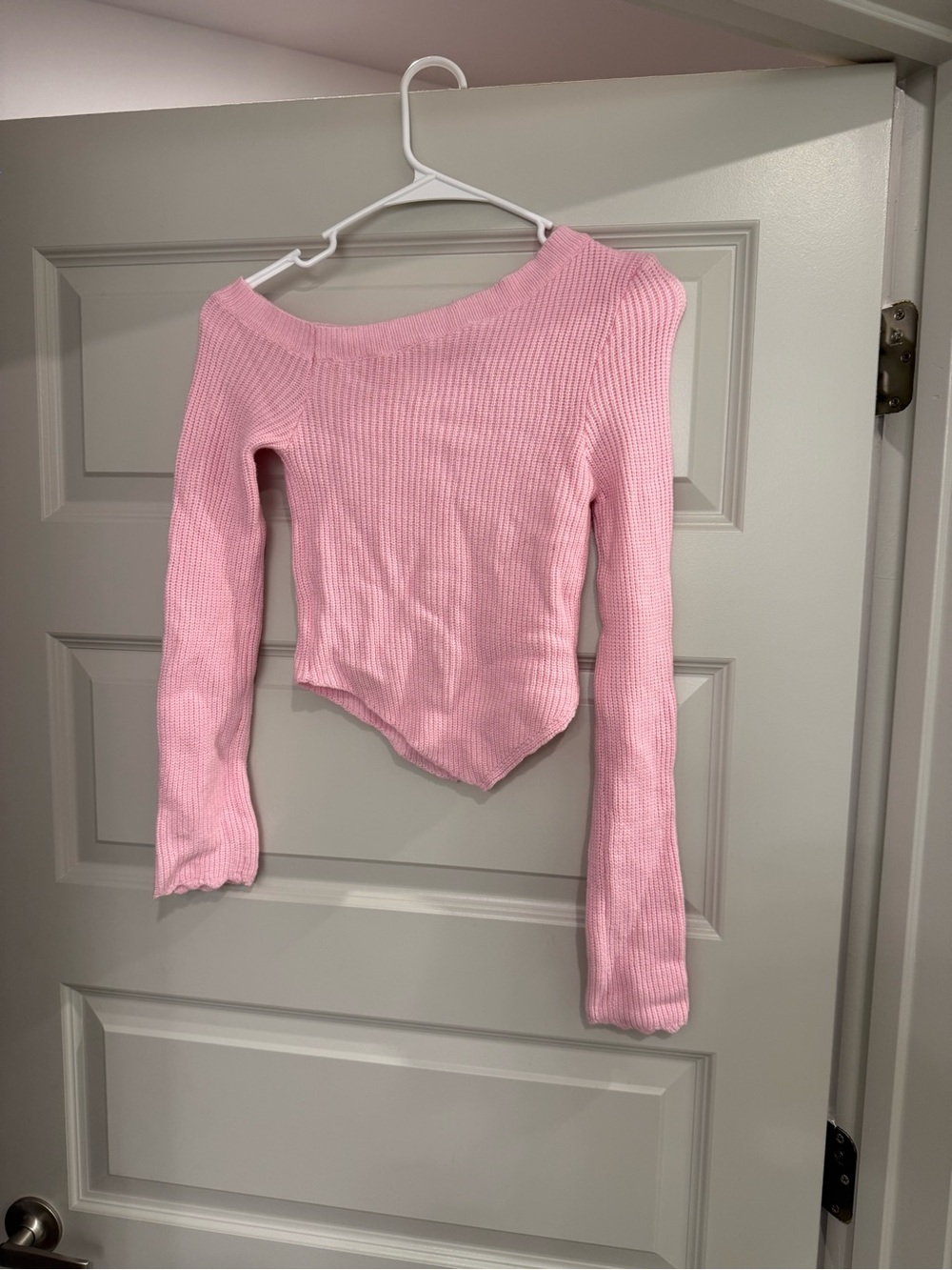 Light Pink Ribbed Off-Shoulder Cropped Sweater